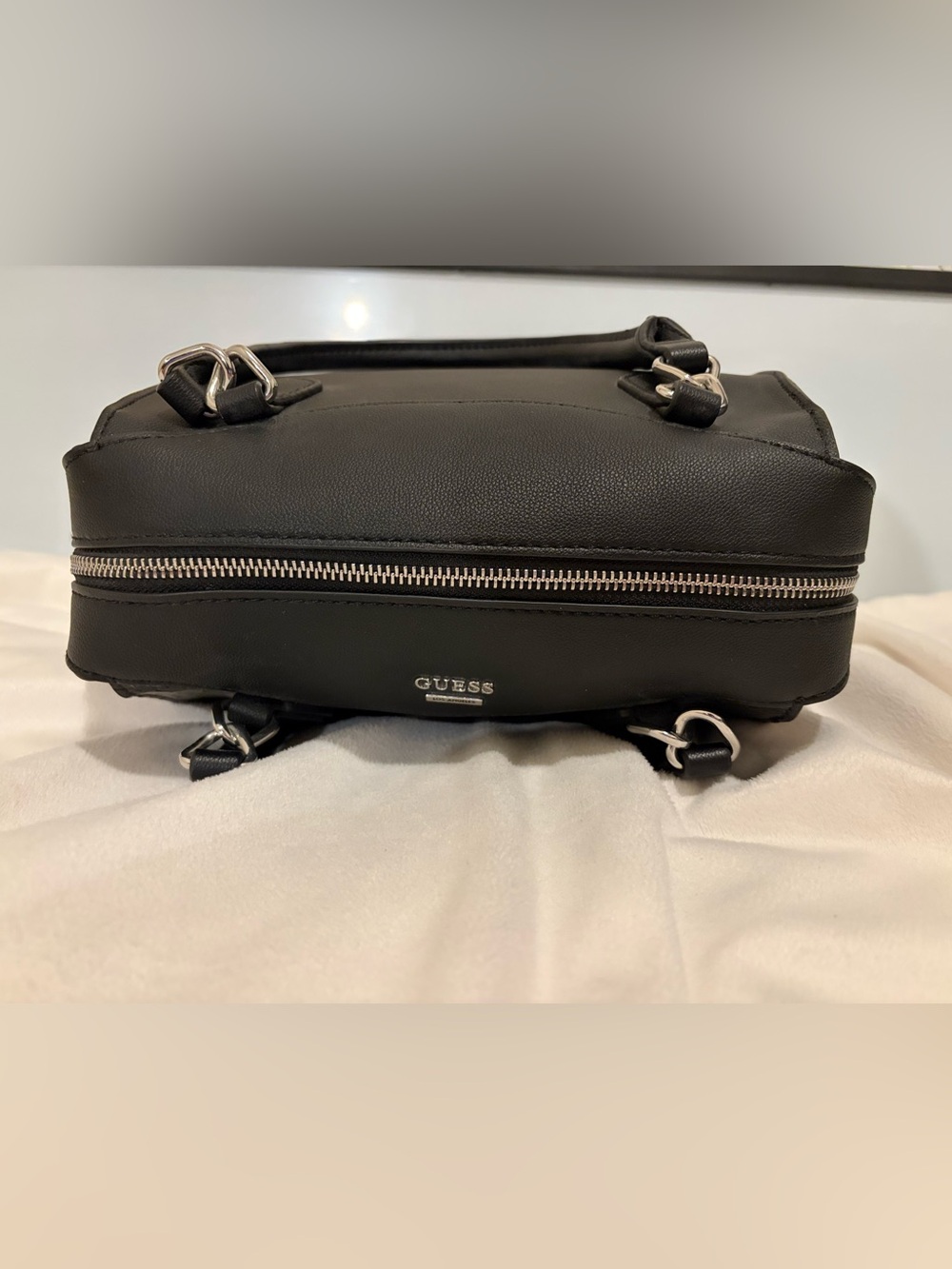 GUESS Black Embossed 4G Logo Structured Satchel Handbag With Silver Hardware - Picture 6 of 16